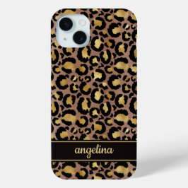 Gold Foil On Brown Leopard Print Monogrammed iPhone 15 Miniケース