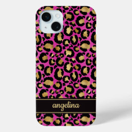 Gold Foil On Hot Pink Leopard Print Monogrammed iPhone 15 Miniケース
