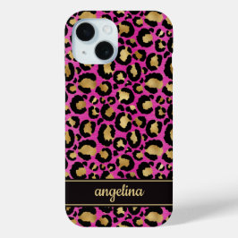 Gold Foil On Hot Pink Leopard Print Monogrammed iPhone 15ケース