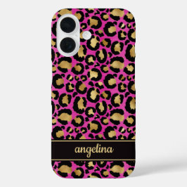 Gold Foil On Hot Pink Leopard Print Monogrammed iPhone 16ケース