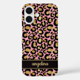 Gold Foil On Pink Leopard Print Monogrammed iPhone 16ケース