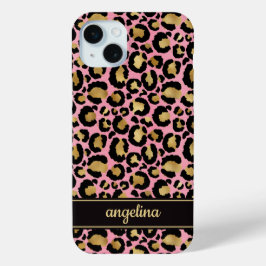 Gold Foil On Pink Leopard Print Monogrammed iPhone 15 Miniケース