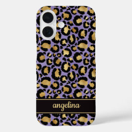 Gold Foil On Purple Leopard Print Monogrammed iPhone 16ケース