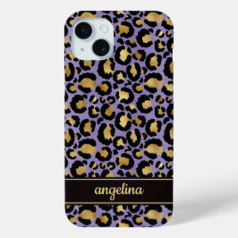 Gold Foil On Purple Leopard Print Monogrammed iPhone 15 Miniケース