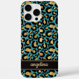 Gold Foil On Teal Leopard Print Monogrammed iPhone 16 Pro Maxケース