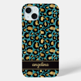 Gold Foil On Teal Leopard Print Monogrammed iPhone 15 Miniケース