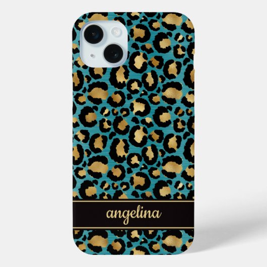 Gold Foil On Teal Leopard Print Monogrammed Case-Mate iPhoneケース (裏面)