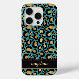 Gold Foil On Teal Leopard Print Monogrammed iPhone 15 Proケース