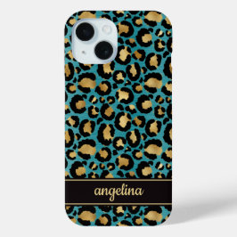 Gold Foil On Teal Leopard Print Monogrammed iPhone 15ケース