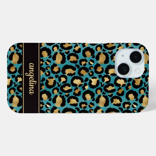 Gold Foil On Teal Leopard Print Monogrammed Case-Mate iPhoneケース (裏面 (横))