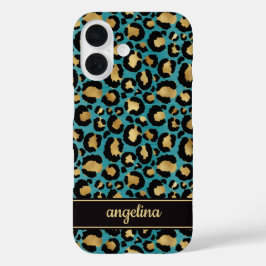 Gold Foil On Teal Leopard Print Monogrammed iPhone 16ケース