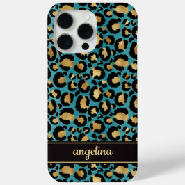 Gold Foil On Teal Leopard Print Monogrammed iPhone 15 Pro Maxケース
