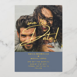 GOLD Foil Photo Overlay Blue 救 Date結婚's 箔招待状