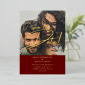 GOLD Foil Photo Overlay Burgundy 救 Date結婚's 箔招待状 (立ち正面)