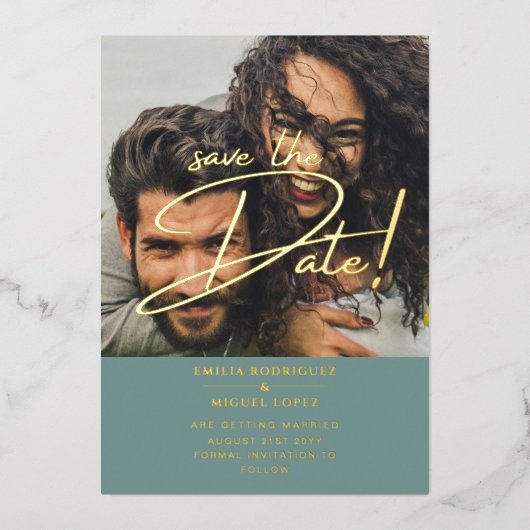 GOLD Foil Photo Overlay Sage 救 Date結婚's 箔招待状 (正面)