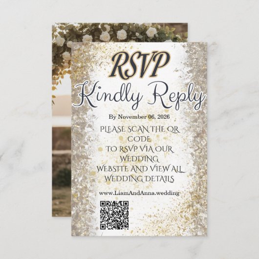 Gold Foil Photo Wedding RSVP QR Code Card (正面/裏面)