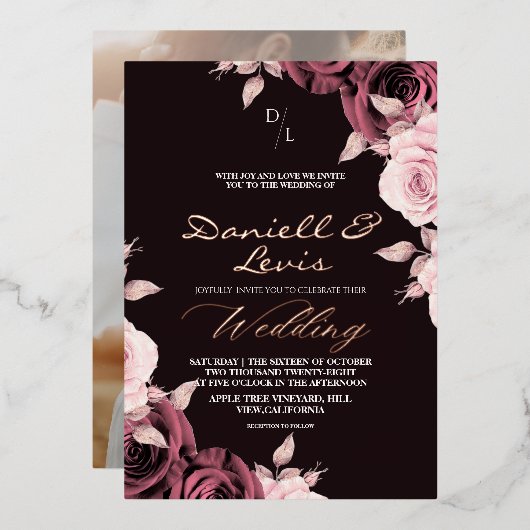 Gold Foil Rose Pink ⎮ Mauve Wedding Photo 箔招待状 (正面/裏面)