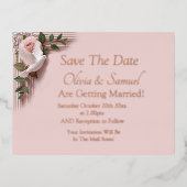 Gold Foil Save The Date Pink Roses Doves Postcard 箔招待状ポストカード (正面)