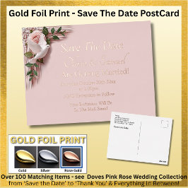 Gold Foil Save The Date Pink Roses Doves Postcard 箔招待状ポストカード