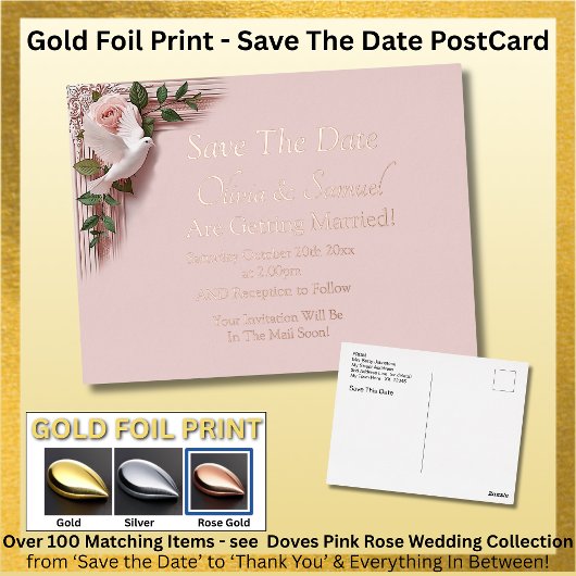 Gold Foil Save The Date Pink Roses Doves Postcard 箔招待状ポストカード