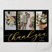 Gold Foil Script 3-Photo Wedding Thank You Card 箔招待状 (正面)