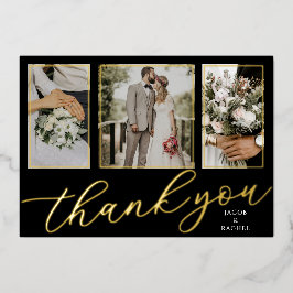 Gold Foil Script 3-Photo Wedding Thank You Card 箔招待状