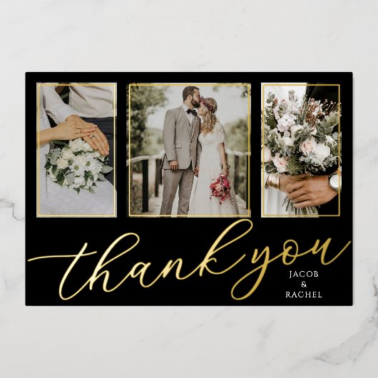 Gold Foil Script 3-Photo Wedding Thank You Card 箔招待状 (正面)
