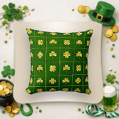 Gold Foil Shamrock Green Grid Pattern クッション