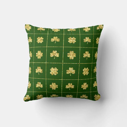 Gold Foil Shamrock Green Grid Pattern クッション (裏面)