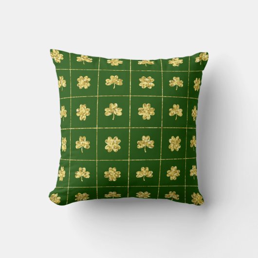Gold Foil Shamrock Green Grid Pattern クッション (正面)
