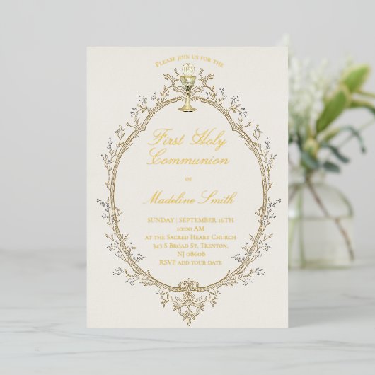 gold foil text first communion beige frame 箔招待状 (立ち正面)