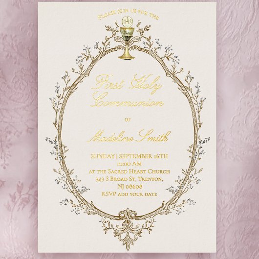 gold foil text first communion beige frame 箔招待状