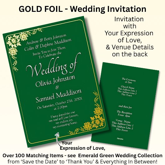 Gold Foil Wedding Invitation Emerald Green White  箔招待状
