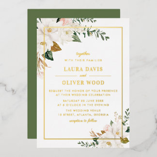 Gold Foil white magnolia floral wedding invitation 箔招待状