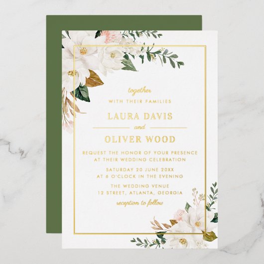 Gold Foil white magnolia floral wedding invitation 箔招待状 (正面/裏面)