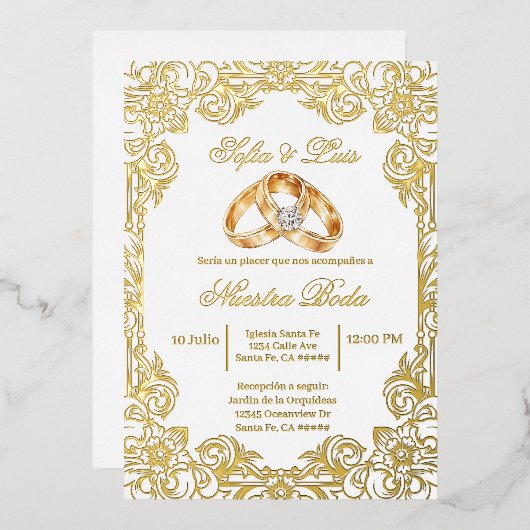 gold foil with frame Spanish wedding  箔招待状 (正面/裏面)