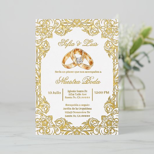gold foil with frame Spanish wedding  箔招待状 (立ち正面)