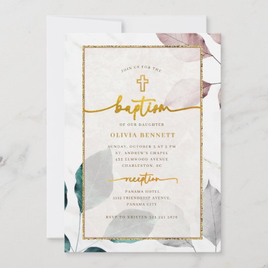 Gold Frame Botanical Flowery Baptism 招待状 (正面)