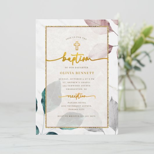Gold Frame Botanical Flowery Baptism 招待状 (スタンド正面)