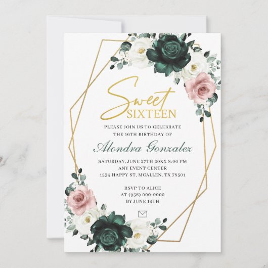 Gold frame emerald green floral Sweet 16 invite 招待状 (正面)