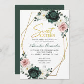 Gold frame emerald green floral Sweet 16 invite 招待状 (正面/裏面)