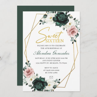 Gold frame emerald green floral Sweet 16 invite 招待状