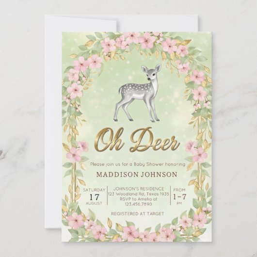 gold frame flower deer baby shower 招待状 (正面)