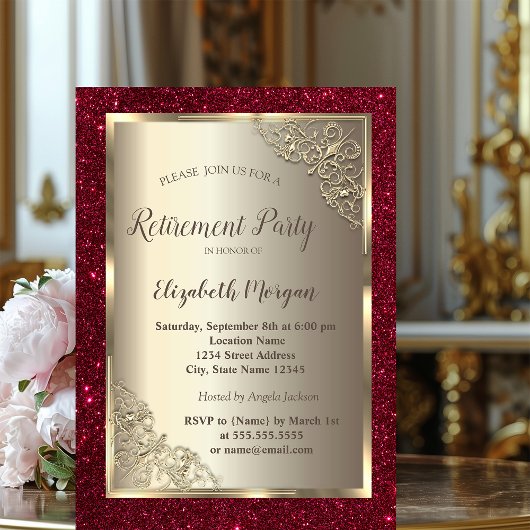  Gold Frame,Gold,Red Glitter Retirement  招待状