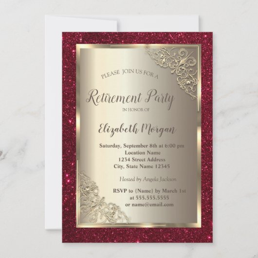  Gold Frame,Gold,Red Glitter Retirement  招待状 (正面)