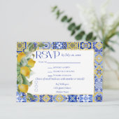 Gold Frame Italian Blue Tile Lemon Meal Wedding 出欠カード (スタンド正面)