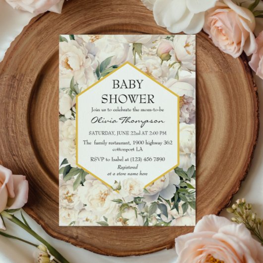 Gold Frame Ivory Peony Garden Baby Shower 招待状