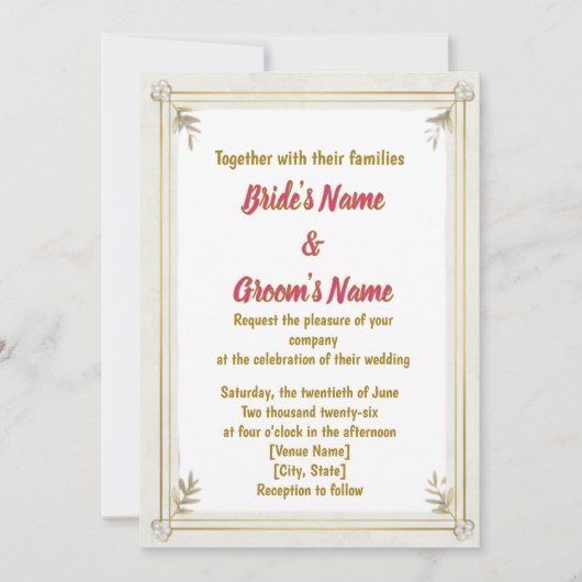 Gold Frame Pearl Floral Wedding Invitation シーズンカード (正面)