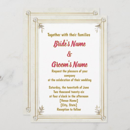Gold Frame Pearl Floral Wedding Invitation シーズンカード (正面/裏面)