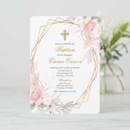 Gold frame pink blush floral baptism 招待状 (スタンド正面)